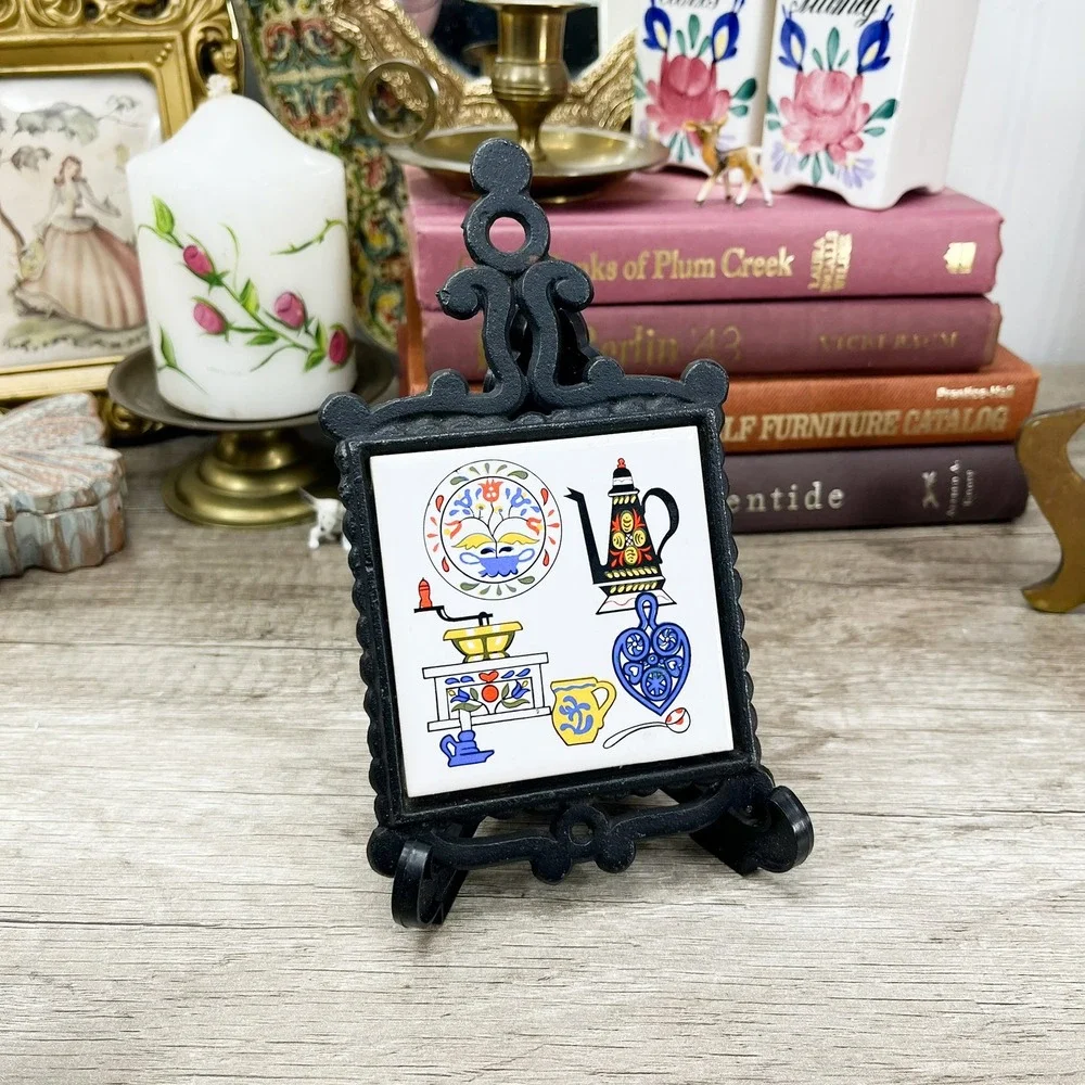Vintage Cast Iron Ceramic Tile Trivet Japan Folk Art Scandinavian Kitchen Decor